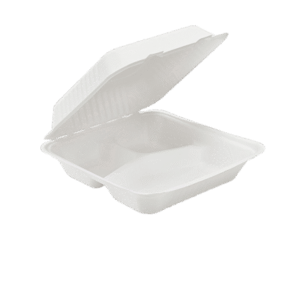Sugarcane 3-Compartment Compostable Clamshell Container - 8 x 8 x 3"